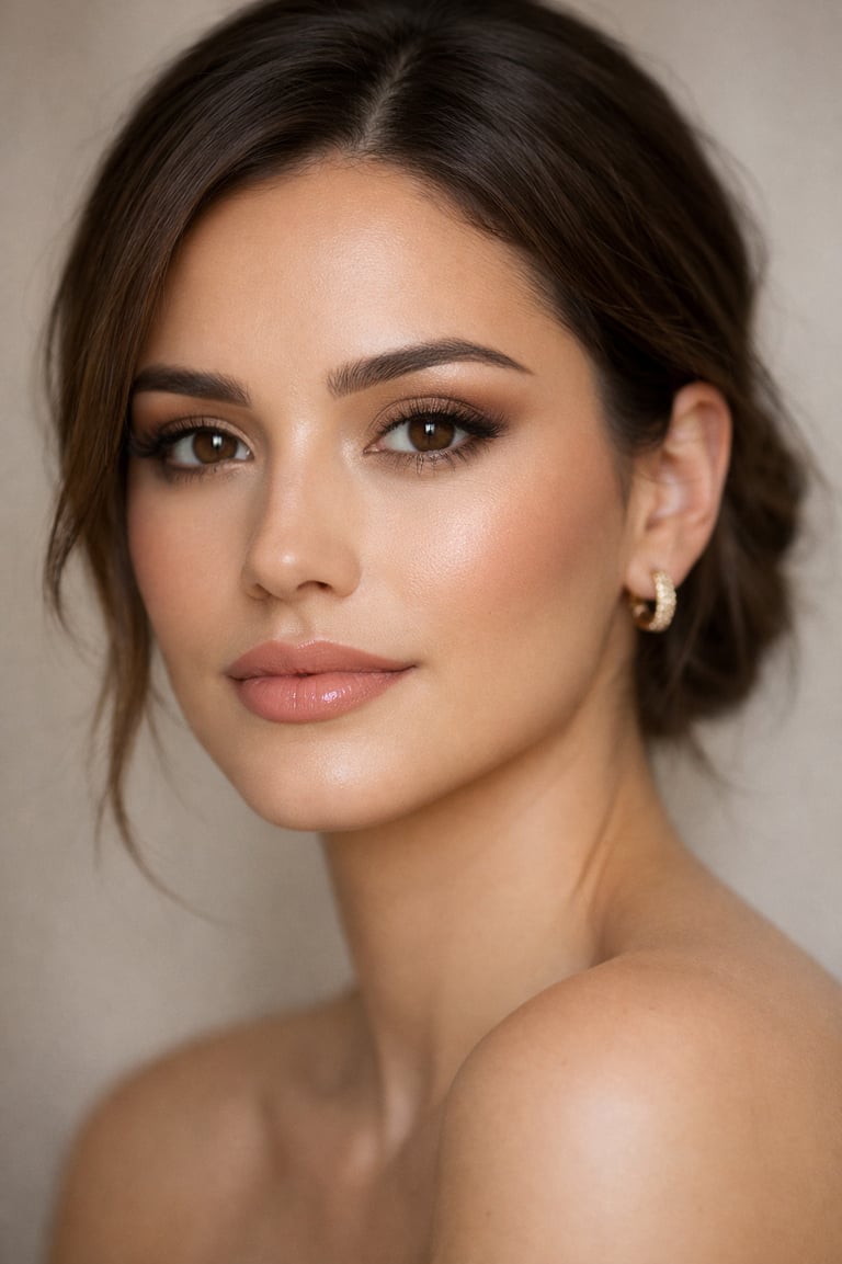 Portrait of a woman with soft bridal makeup, warm smoky eyeshadow, and a nude glossy lip.