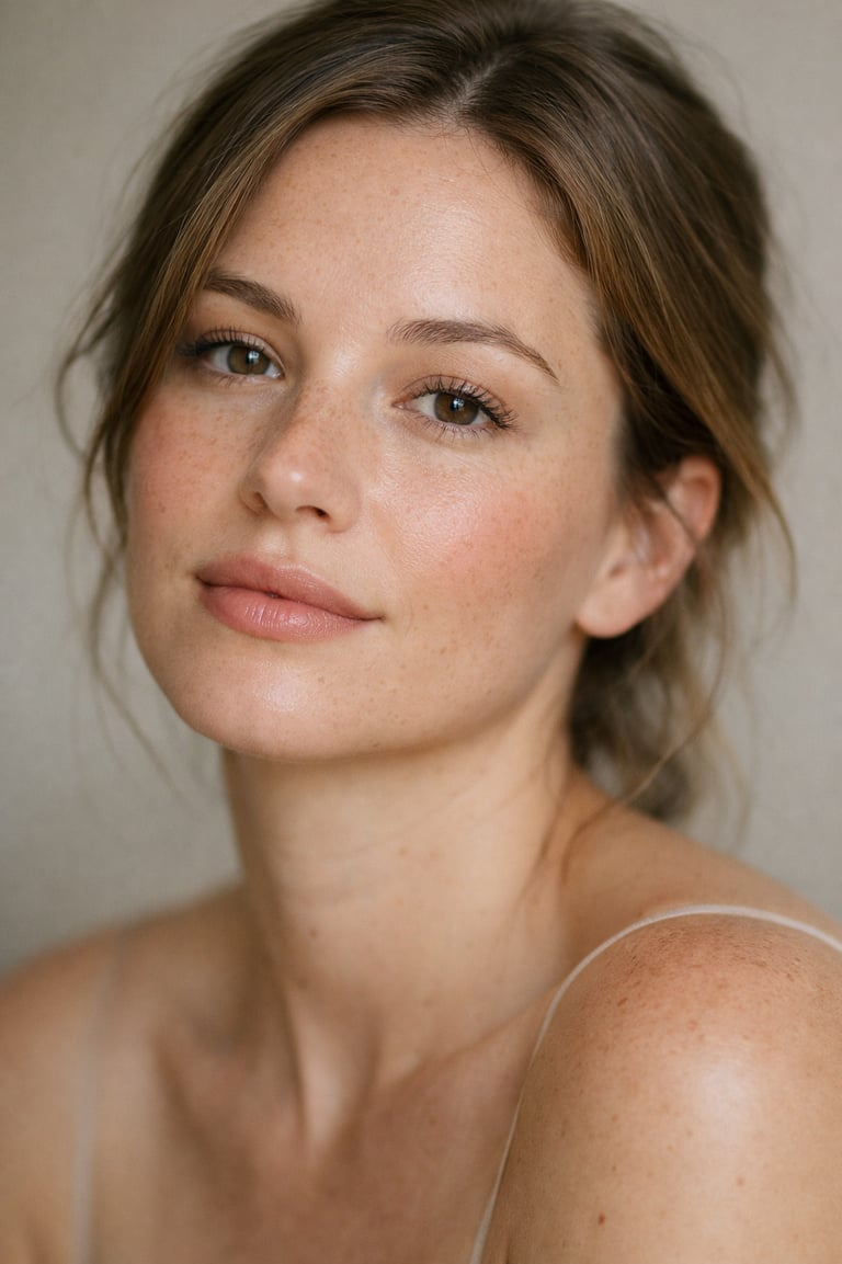 A young woman with freckles and brown hair wearing natural makeup in a close-up portrait.