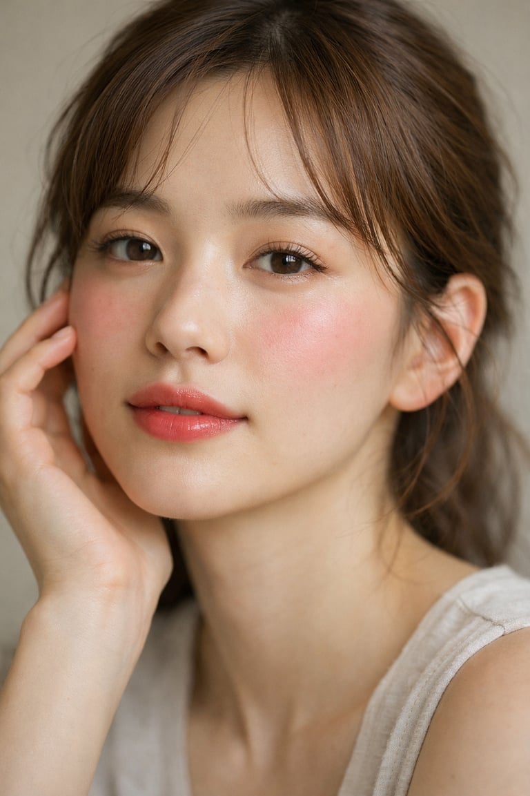 A young Asian woman with natural makeup, pink blush, and soft bangs posing for a portrait.