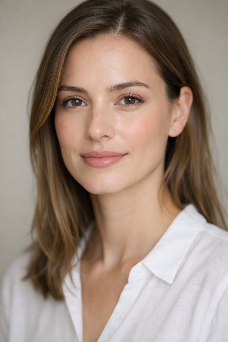 Professional headshot of a smiling woman with brown hair and natural makeup in a white shirt.