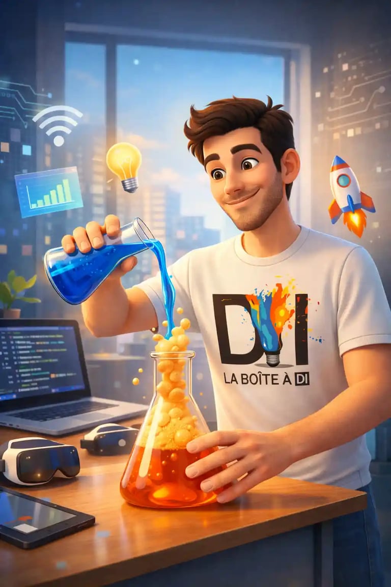 Accompagnement en reconversion numérique après 40 ans, illustré par Dam et des outils digitaux modernes, logo La Boîte à DI.