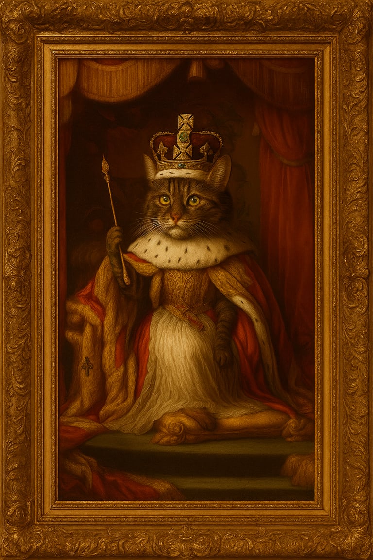 Renaissance oil painting of a pet cat wearing a crown and royal robes in a gold frame.