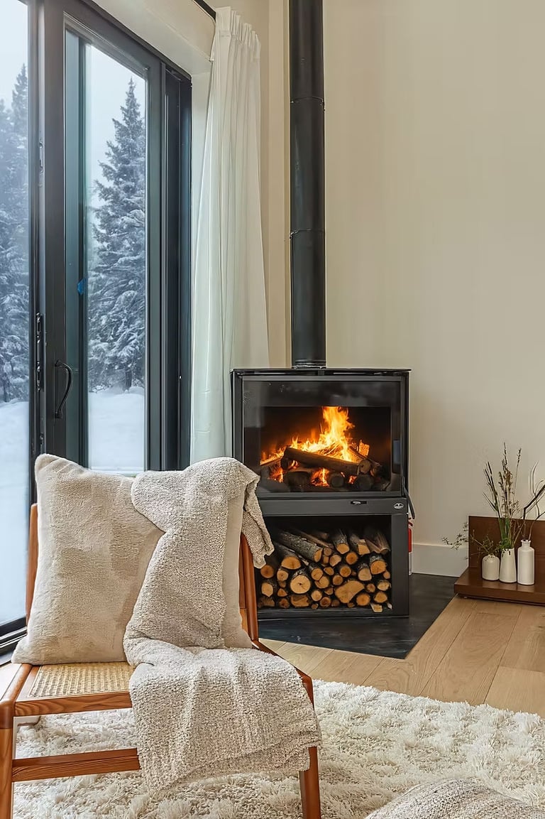 Cozy warmth meets nature's embrace. Crackling fire, plush textures beckon. Large windows frame green