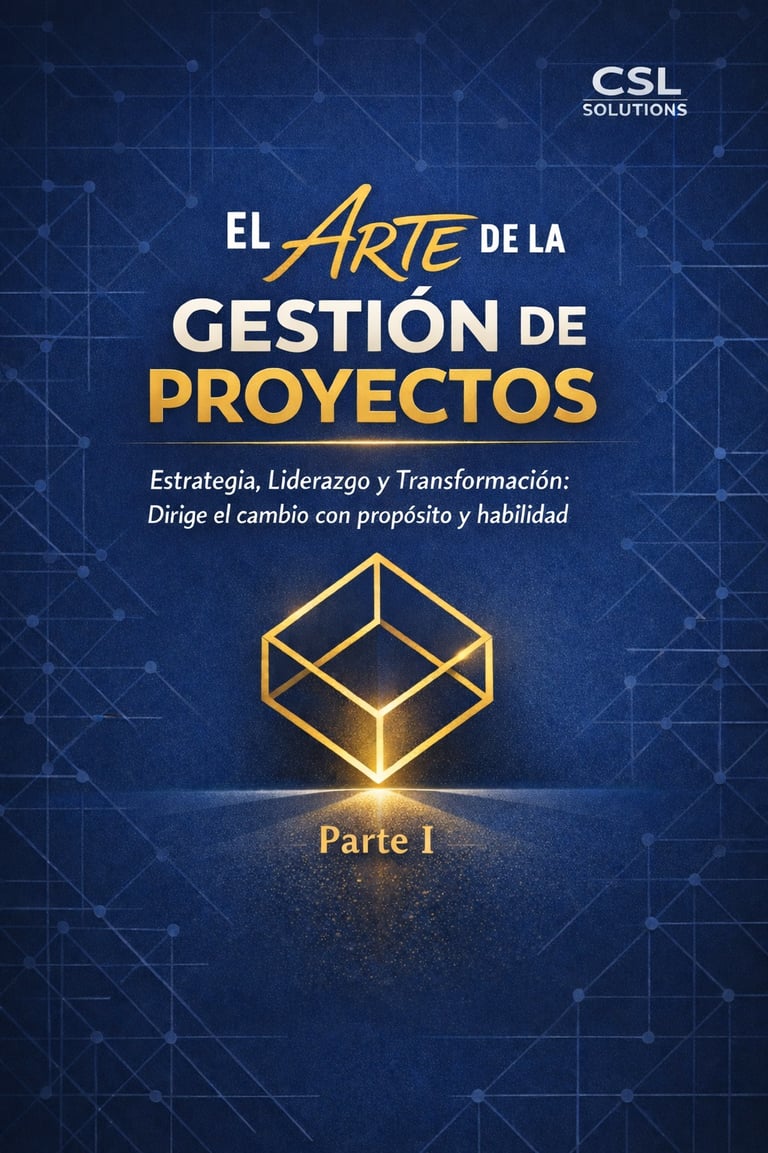 El Arte de la Gestión de Proyectos book cover featuring a glowing geometric cube on a blue digital background.