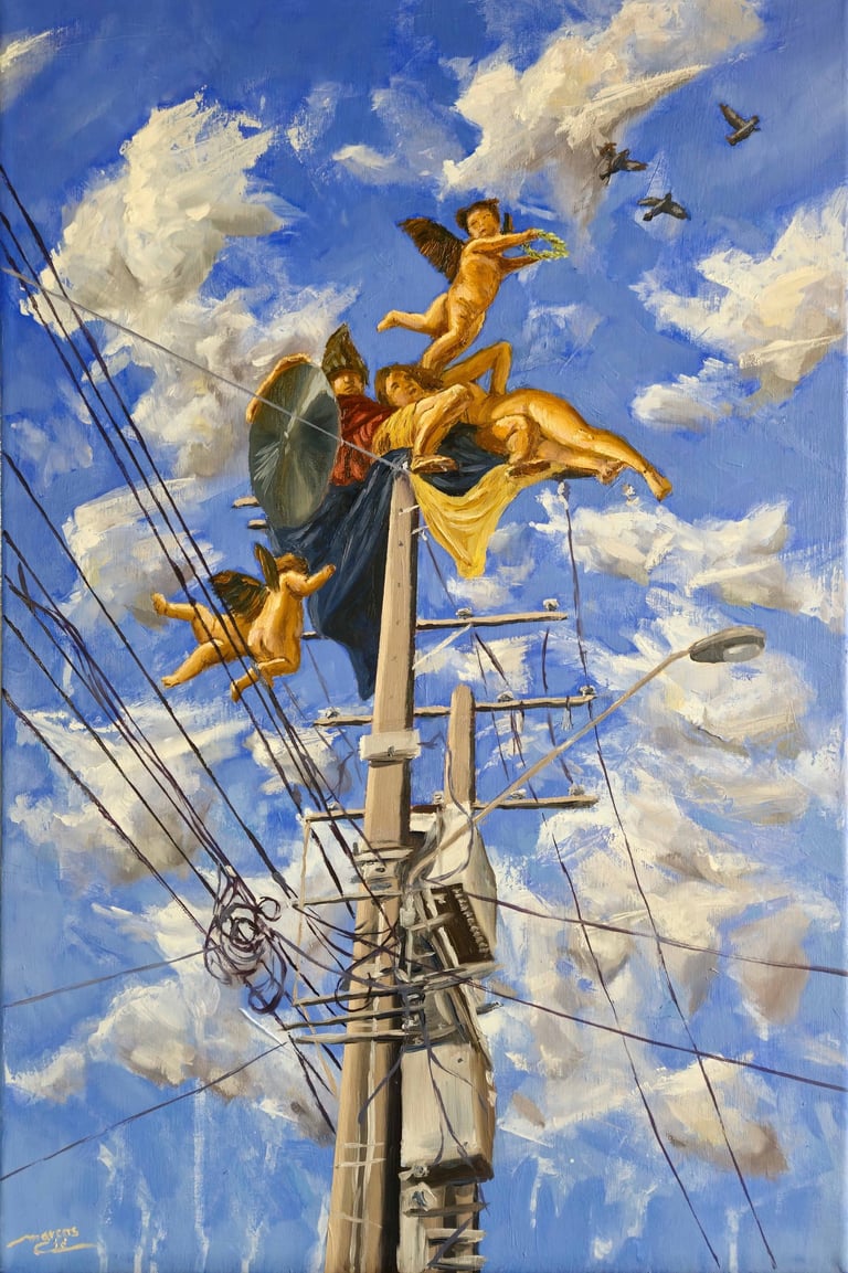 a painting of a woman on a pole with a man