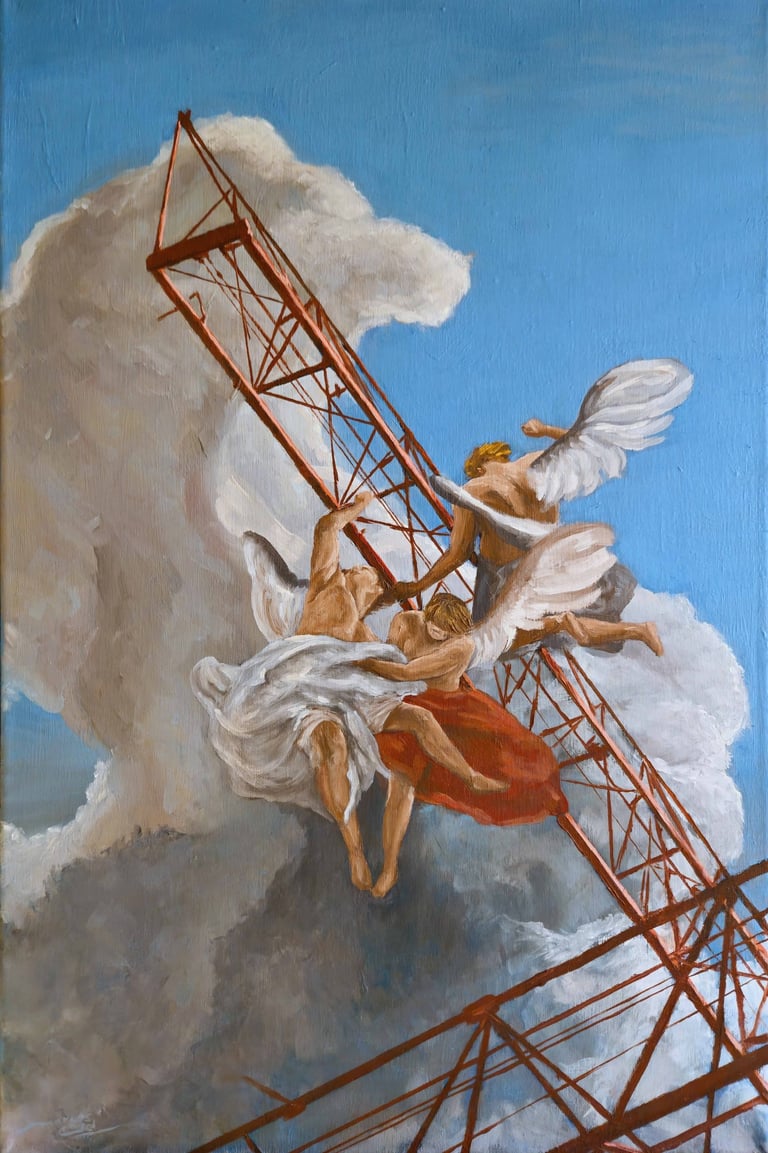 a painting of angels on a red and white background