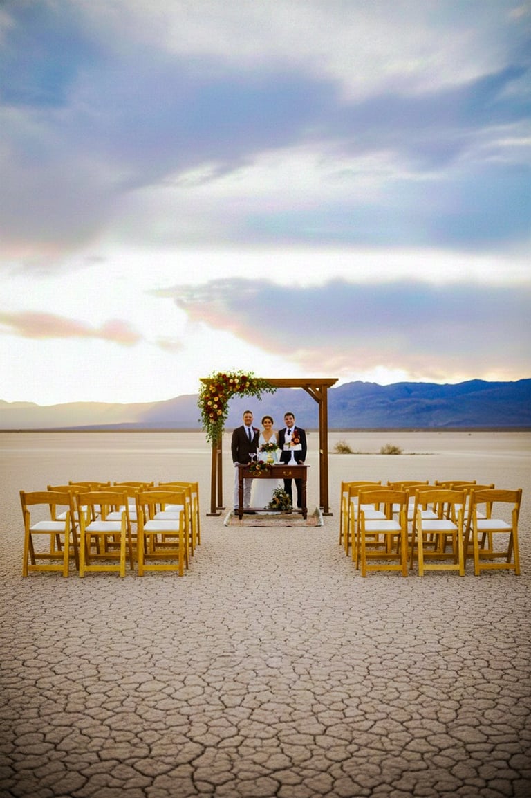 a couple of people standing in front of a desert