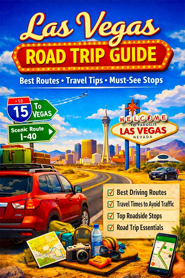Las Vegas road trip guide featuring a red SUV, scenic highway, and the city skyline under a blue sky.