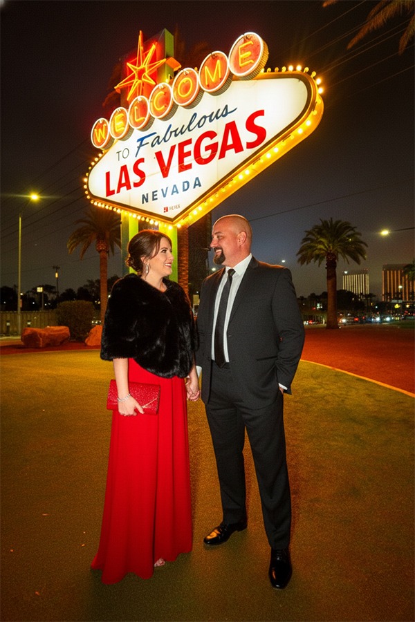 a man and woman standing in front of a las vegas sign