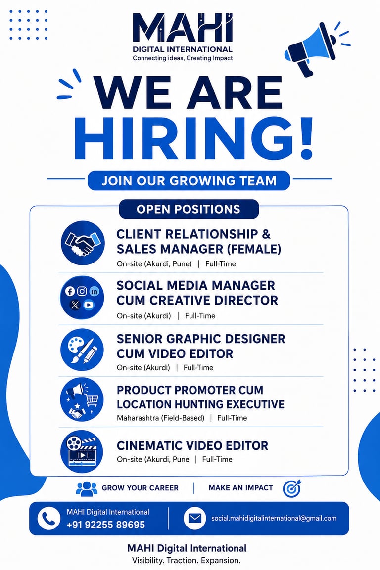Hiring poster for Mahi Digital International listing job openings for Sales Manager, Social Media Manager, and Graphic