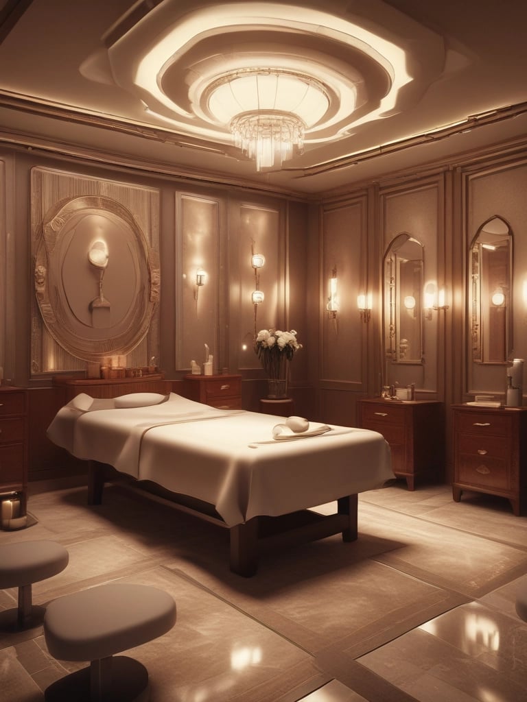 A serene massage room with soft lighting and elegant decor reflecting luxury and calm.