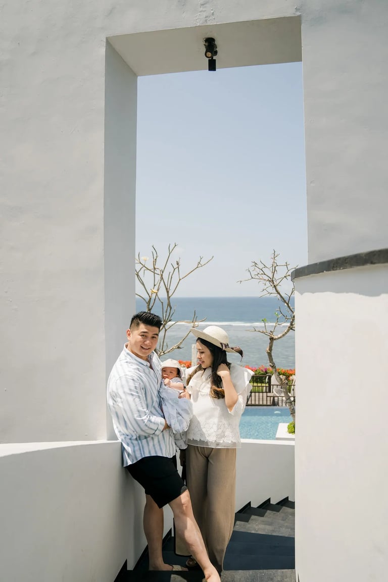 Couple portrait at Samabe Bali Suites & Villas overlooking Nusa Dua.