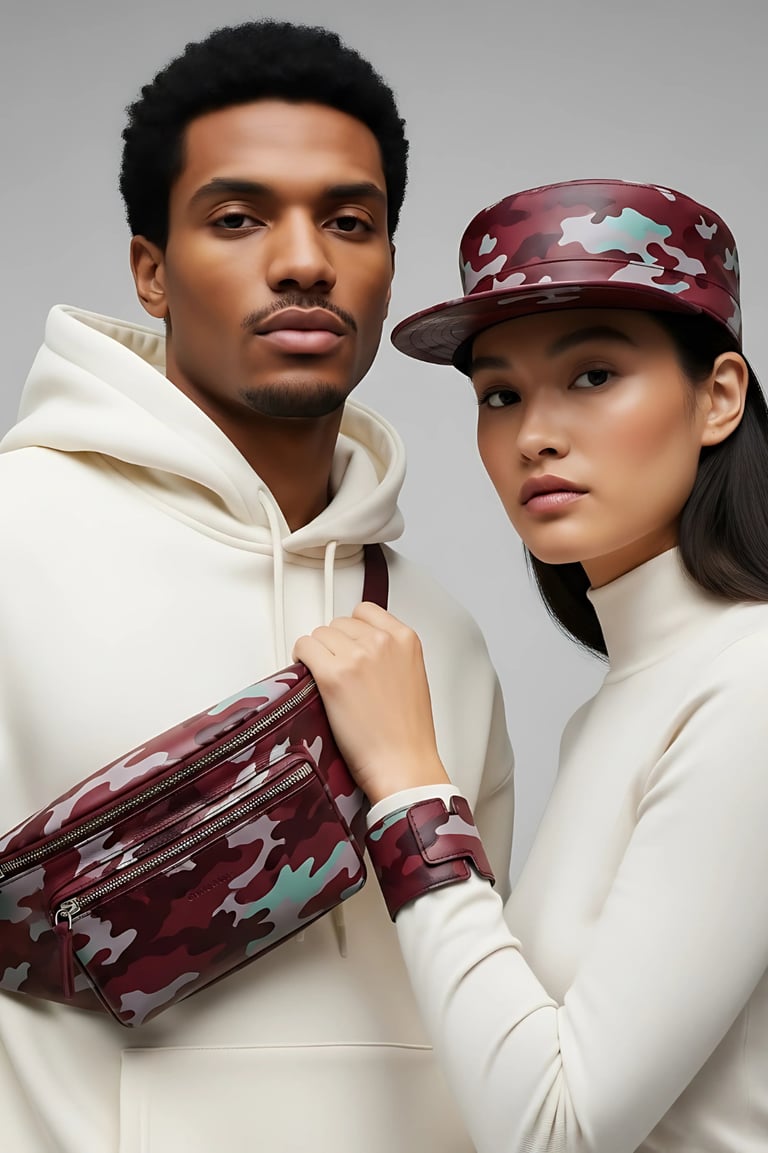 Contemporary photo of an interracial male and female couple in studio  wearing premium clean fashion
