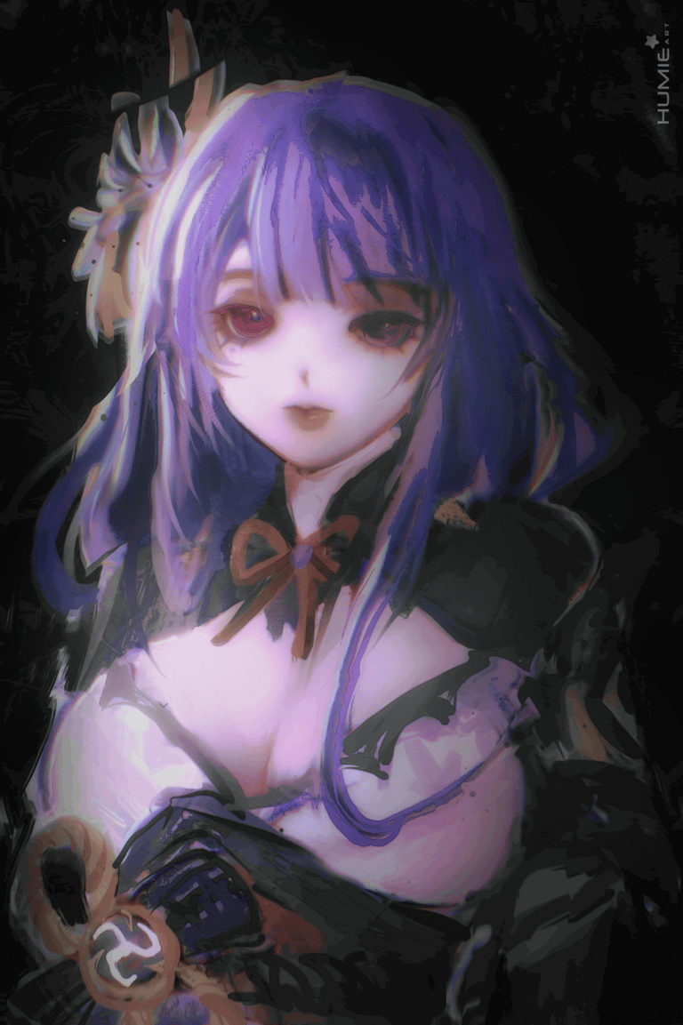Sketchy, unfinished portrait of Ei in the dark, ethereal feel, her skin seems to glow.