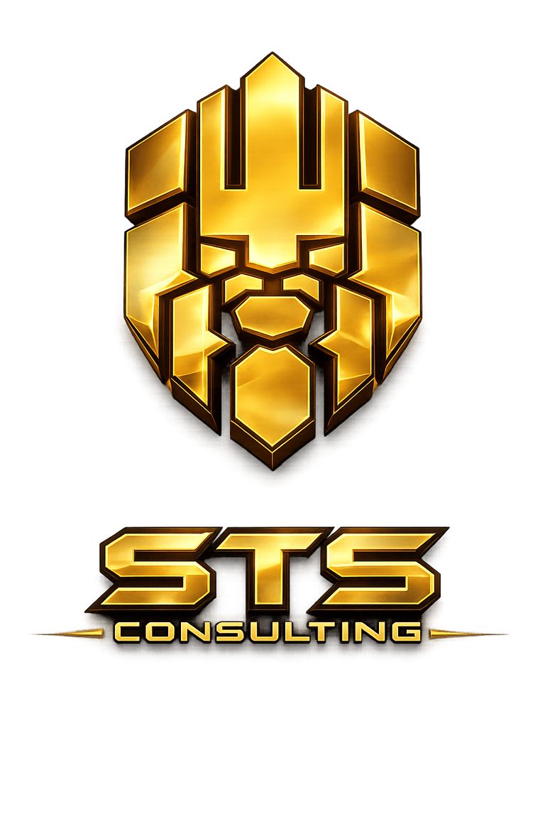 STS Consulting professional gold metallic logo featuring a geometric shield and bold business branding.