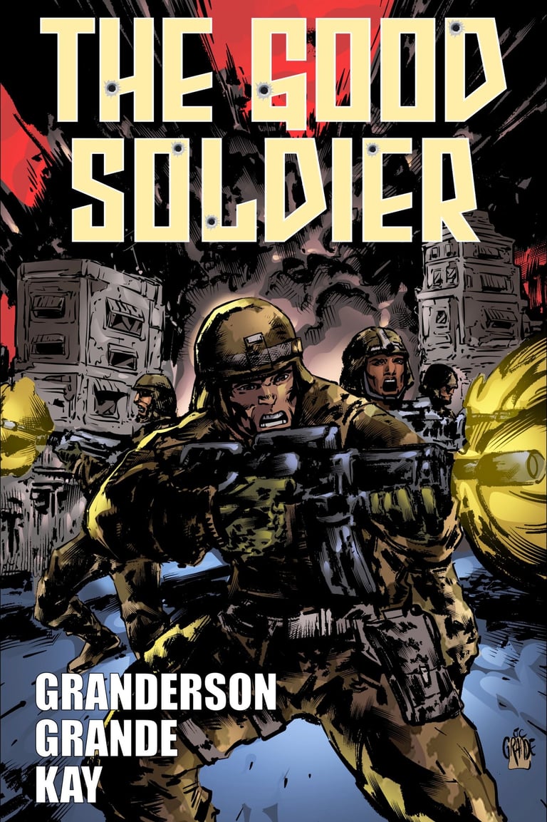 a comic book cover featuring a soldier in uniform with a gun and a gun