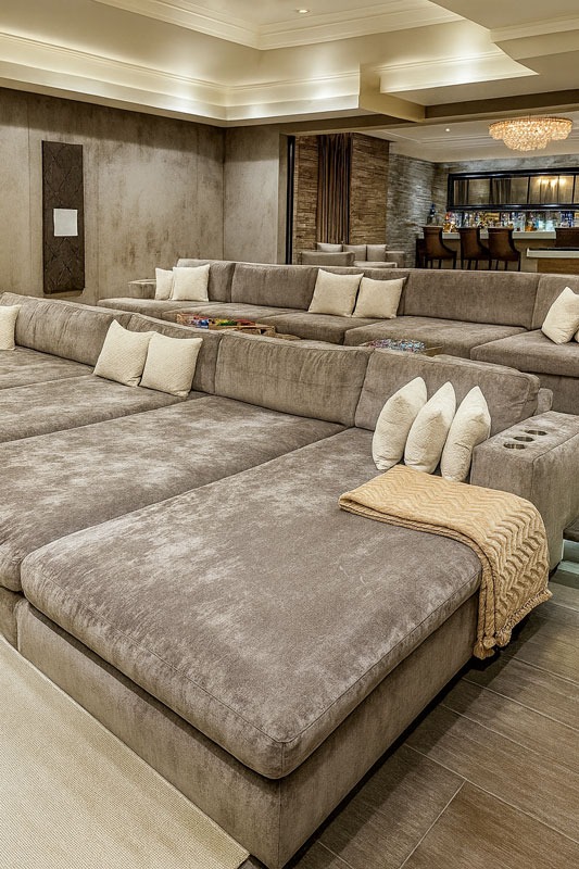 Plush tiered sectional seating with gray upholstery, and cup holders, designed for a luxury home theater by Solo Home Decor