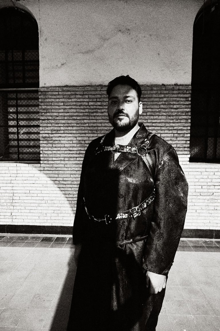 Black and white portrait of a bearded man wearing a leather harness over a coat against a brick wall.