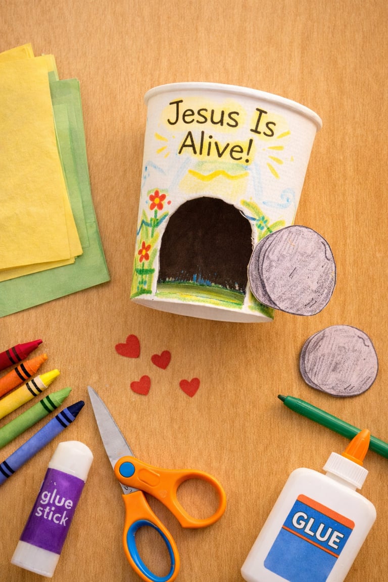 Jesus is alive empty tomb Easter craft for kids made with a paper cup, crayons, and glue.