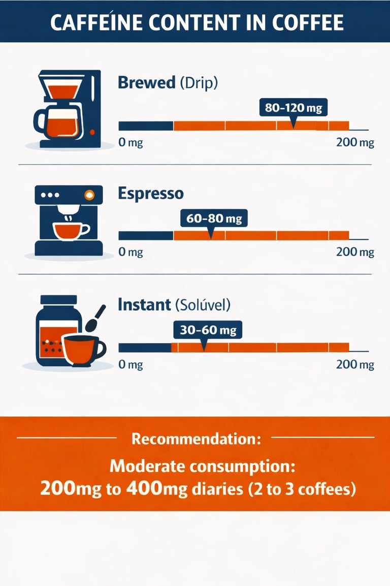Infographic comparing caffeine content in brewed drip, espresso, and instant coffee with consumption recommendations.