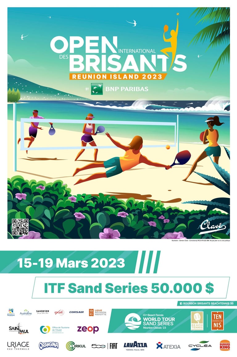Affice de l'Edition 2023 de l'Open des Brisants de Beach Tennis, réalisé par Damien Clavé.