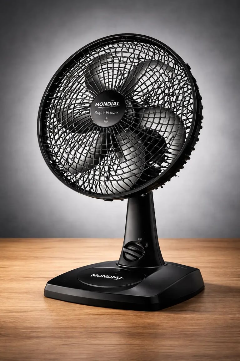 Mondial Super Power black electric table fan with 6 blades on a wooden surface.