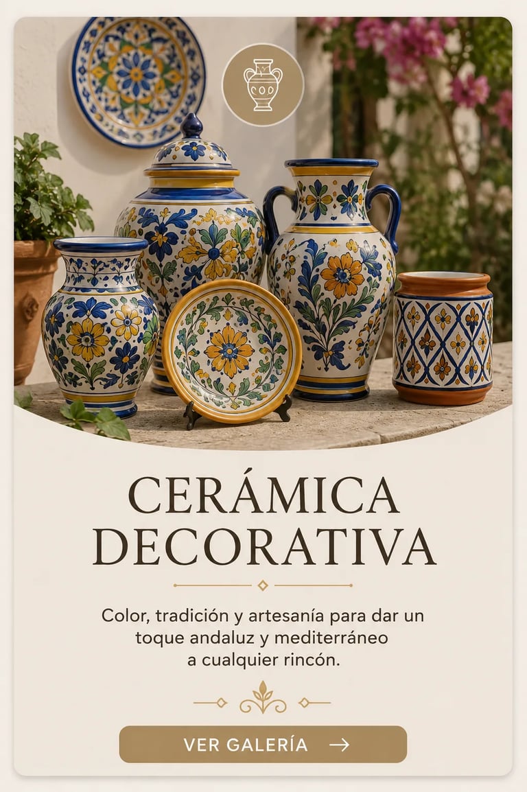 Hand-painted Spanish ceramic pottery with blue and yellow floral designs for Mediterranean home decor.