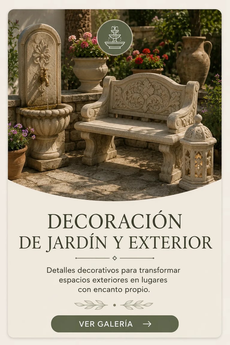 Elegant stone garden bench and wall fountain with ornate carvings in a Mediterranean patio setting.