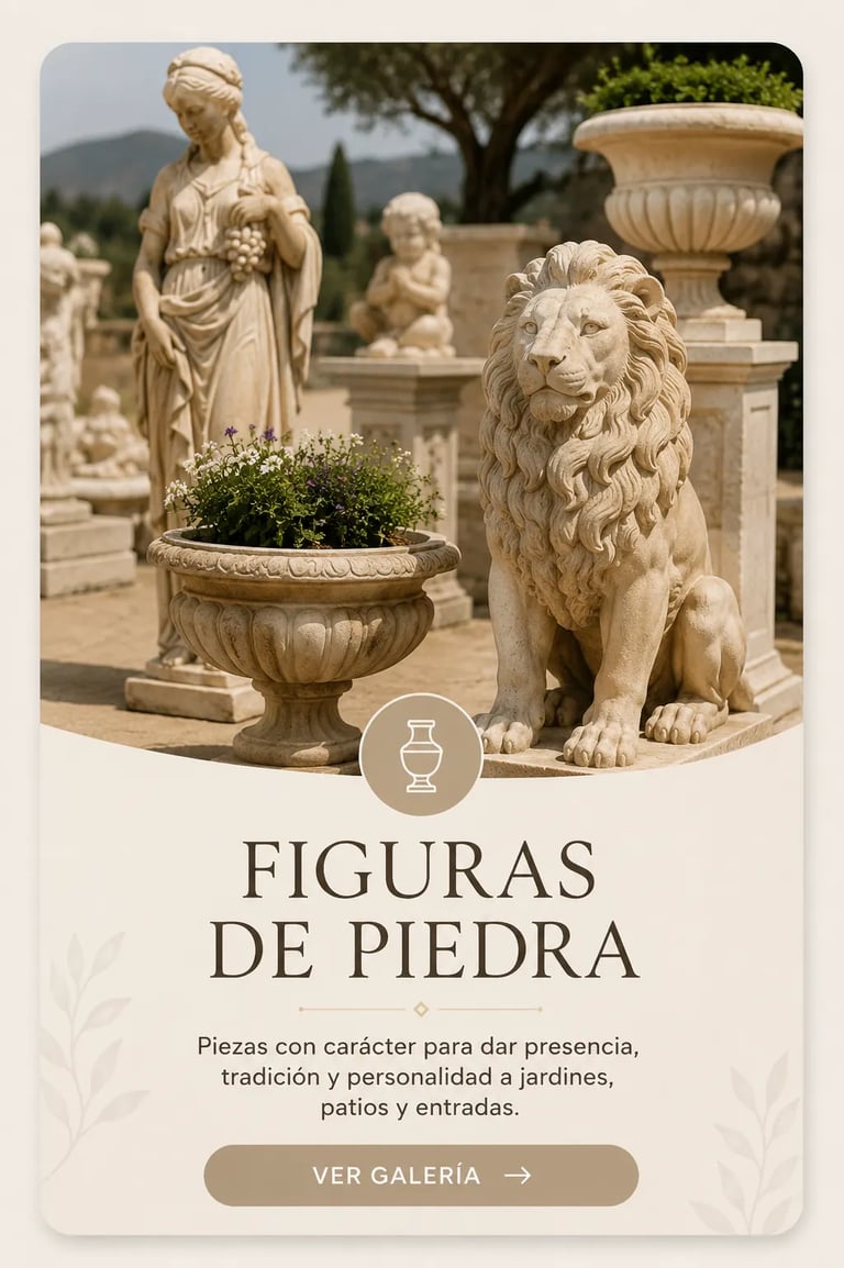 Classical garden stone statues including a lion, a maiden, and an ornate planter with flowers.