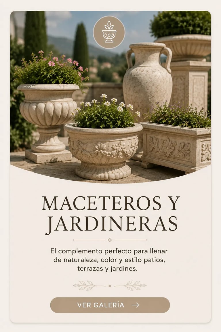 Elegant stone garden planters and floral window boxes for luxury outdoor patio decor.