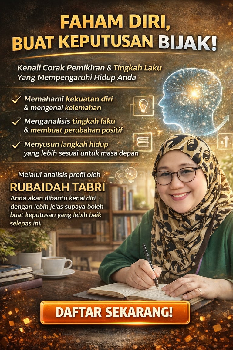 Poster for Rubaidah Tabri's personal development workshop on self-understanding and decision making.