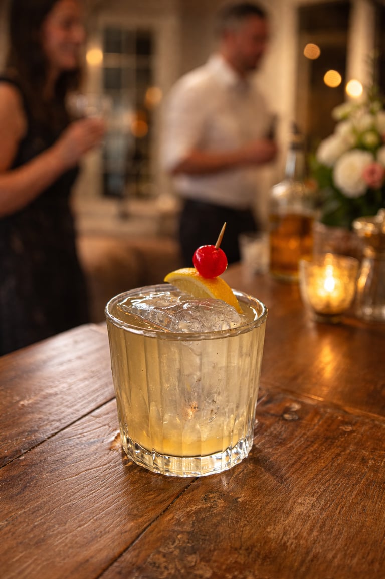 Private party at clients house enjoying whisky sour cocktails big ice lemon and cherry garnish