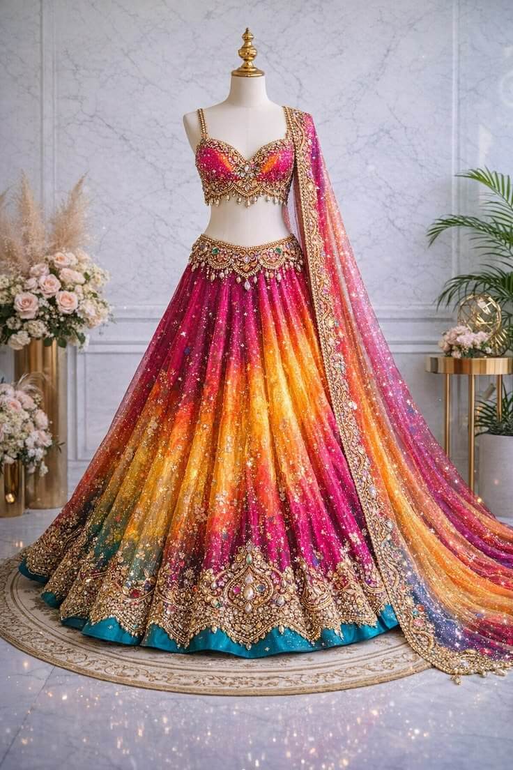 Elegant multi-color bridal lehenga choli with heavy gold embroidery and shimmering galaxy patterns.