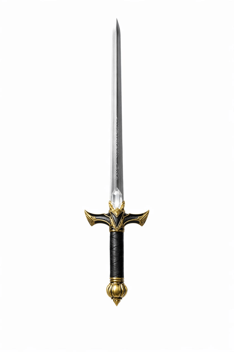 Ornate fantasy broadsword with a gold and black hilt featuring a crystal inlay on a white background.