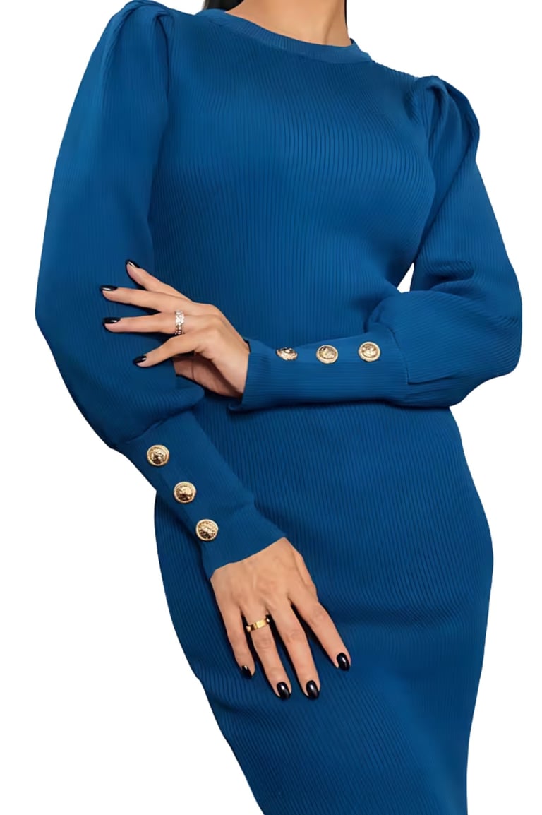 Women’s Puff Sleeve Long Sleeve Midi Dress – Blue