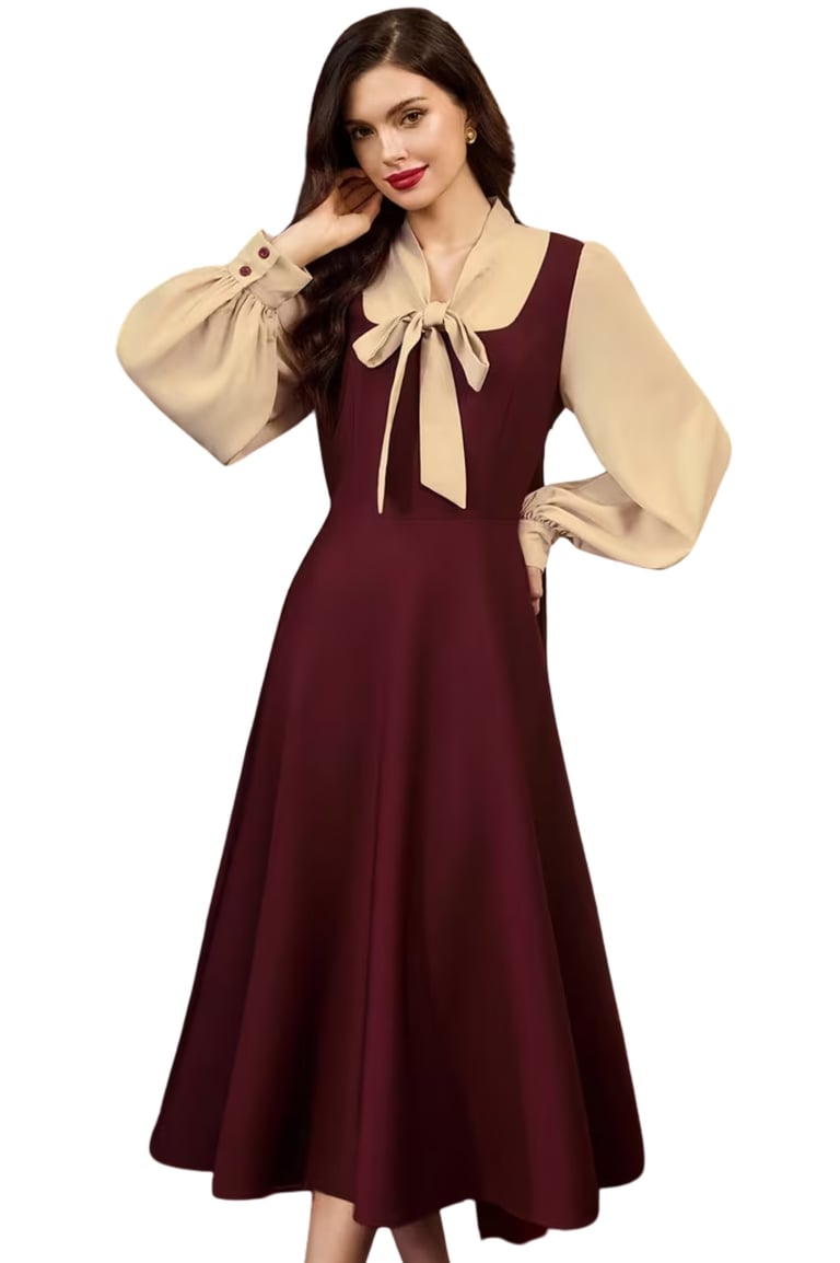 Maroon Women's Elegant Long Sleeve A-Line Dress with Bow Detail
