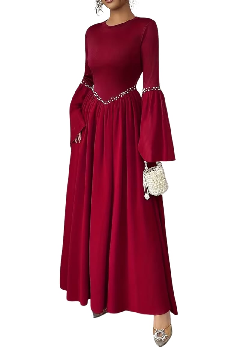 Crimson Women's Elegant Long Sleeve Bell Sleeve Maxi Dress