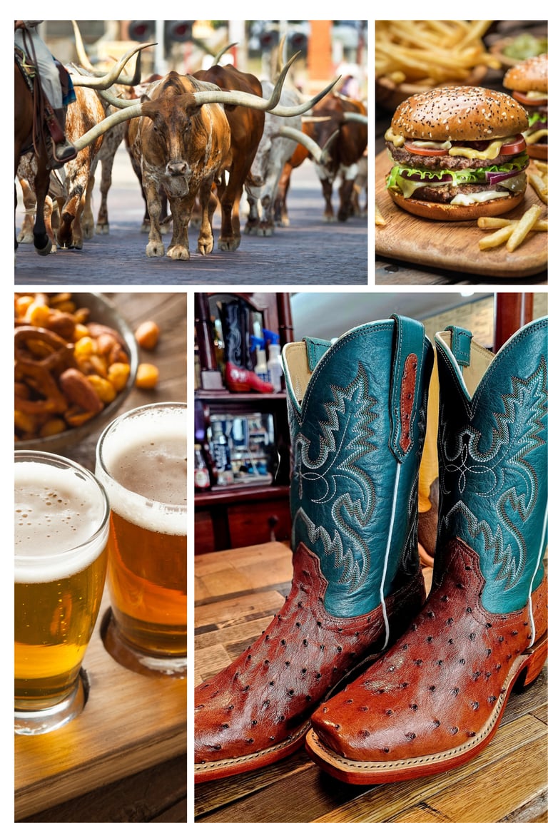 multiple images showing longhorn cattle, burgers and fries, beer, and cowboy boots