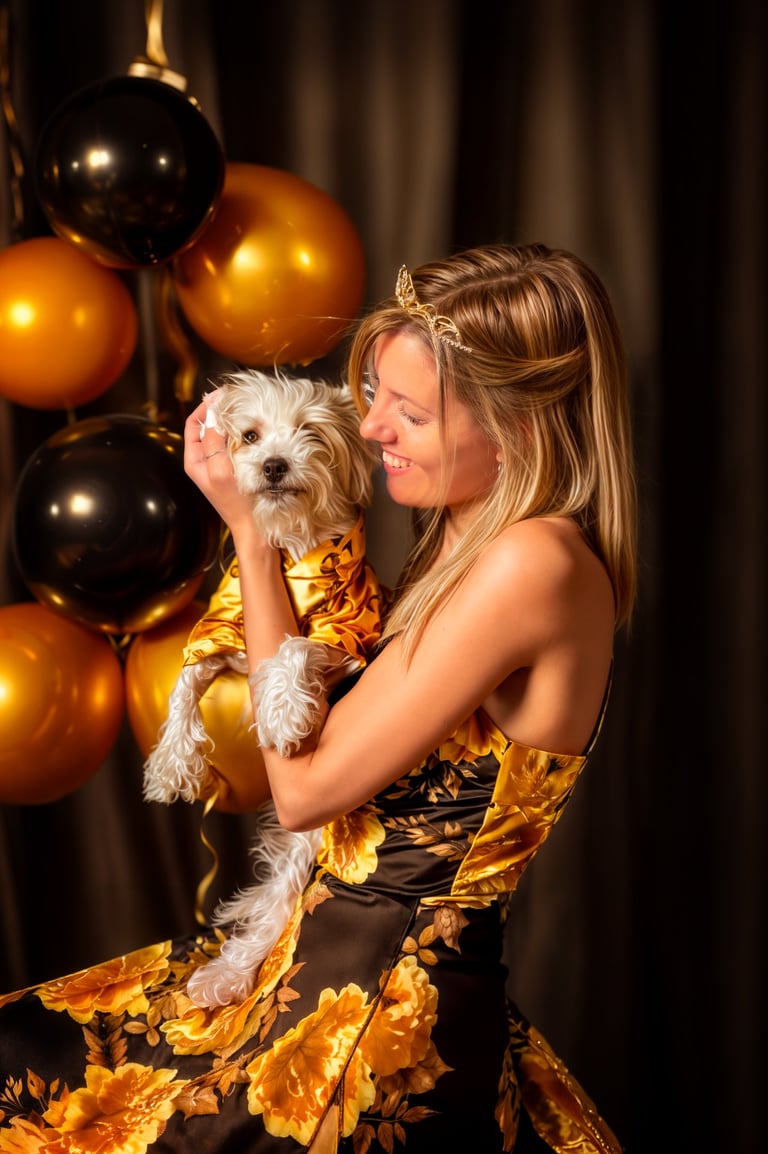 a woman in a dress with a dog in a party