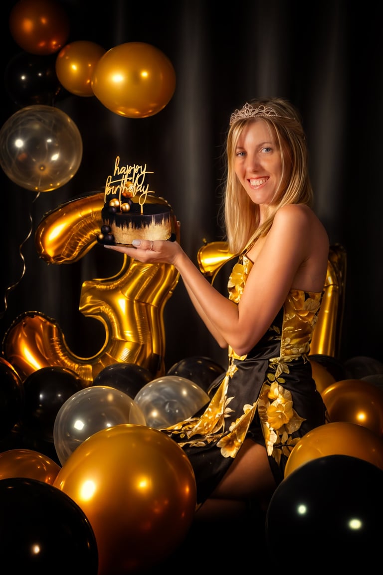 a woman holding a cake with a golden birthday cake