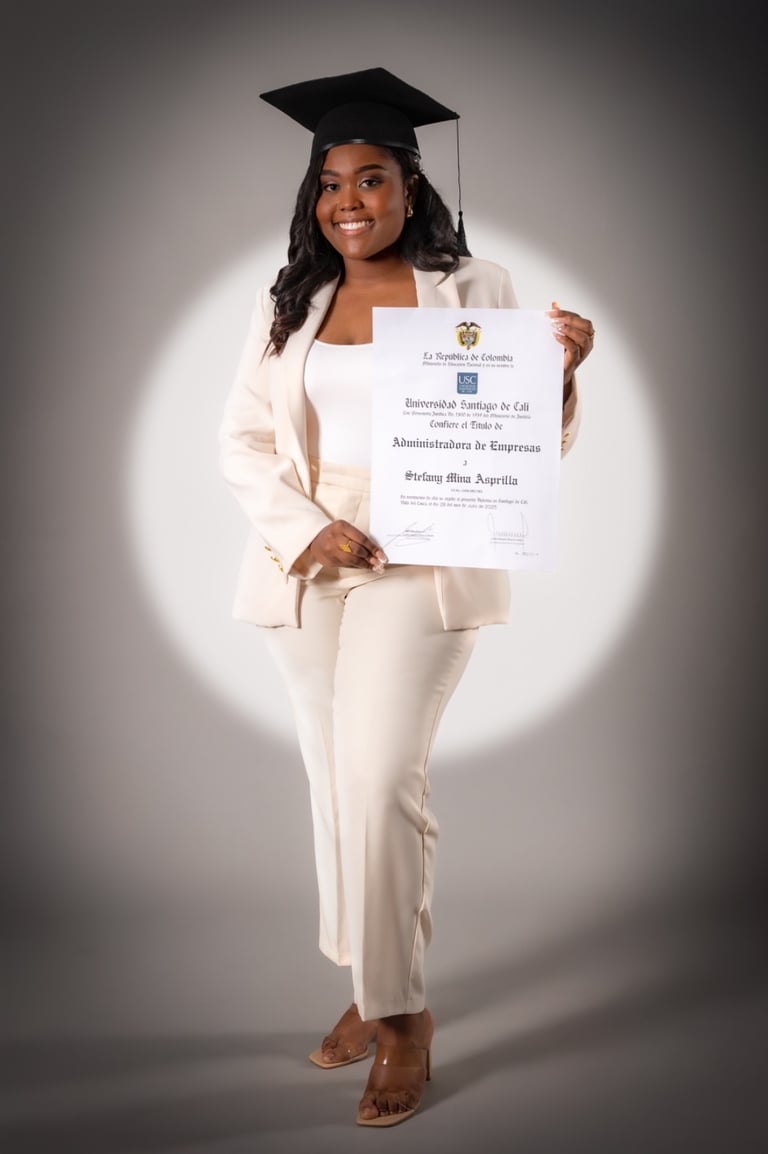 a woman in a white suit and a graduation cap