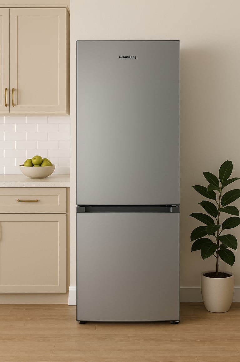 Blomberg stainless steel fridge in a beige kitchen with countertop and green apples.