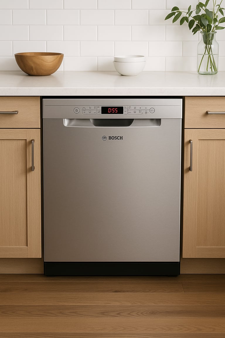 Bosch stainless steel dishwasher installed under a white quartz countertop in a modern kitchen 