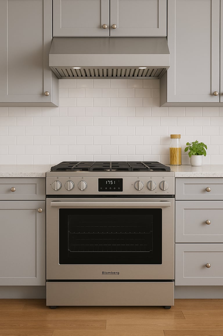 Blomberg gas range installed in a modern kitchen with gray cabinets and white subway tile backsplash