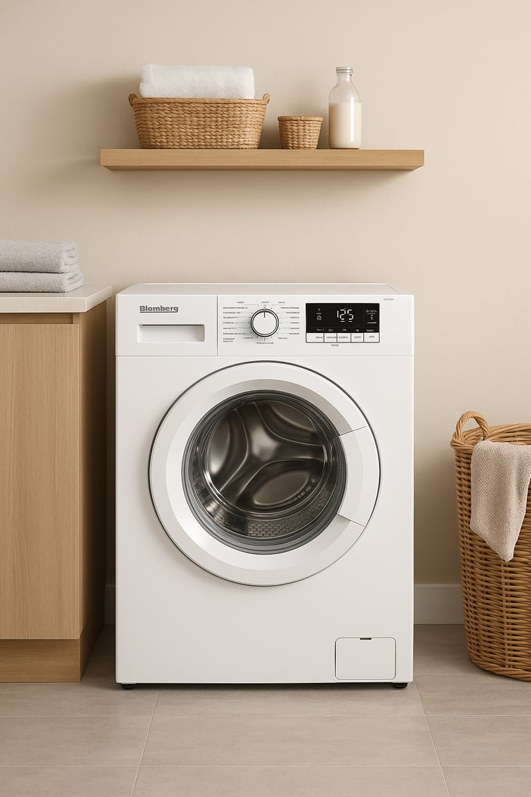 Blomberg front-load washer in a modern laundry room with wooden cabinets and wicker basket.