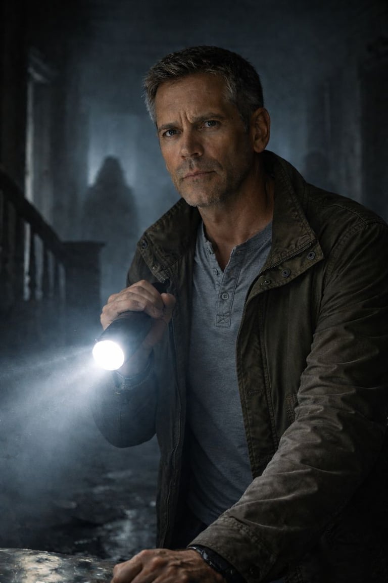 a man in a dark room with a flashlight light shining on his hand