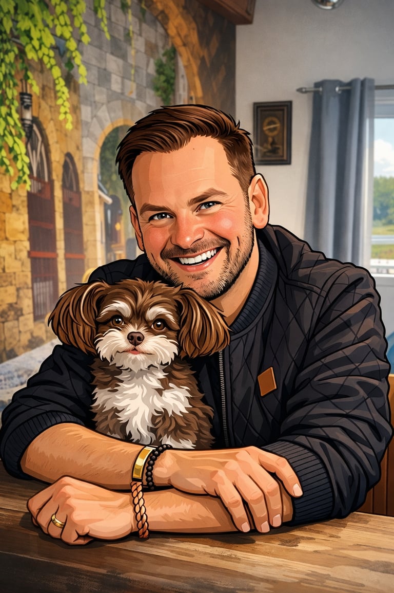 a man with a dog in a bar