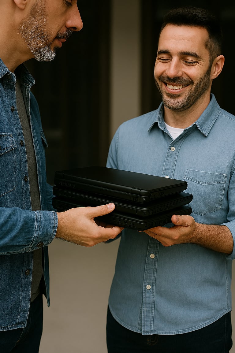 A smiling man in a blue shirt accepts a donation of laptops from a business
