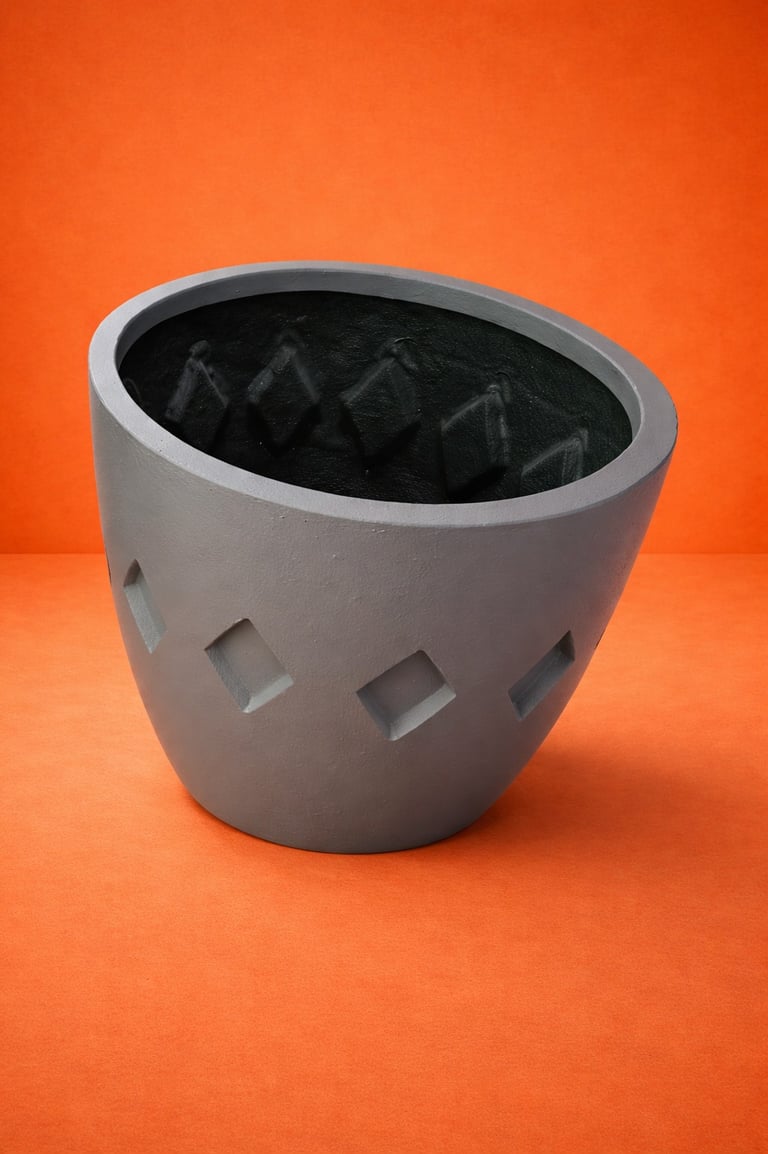 maceta gris con formas de rombos en fibra de vidrio