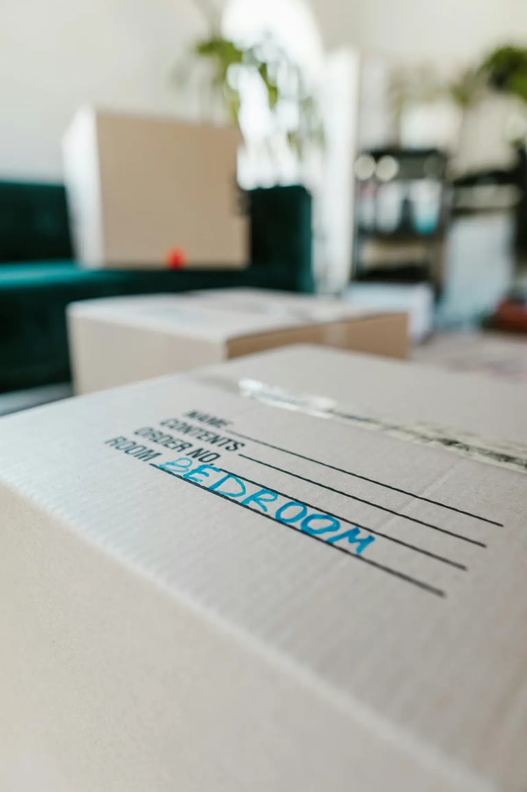 Cardboard moving box labeled bedroom in a living room during home relocation.